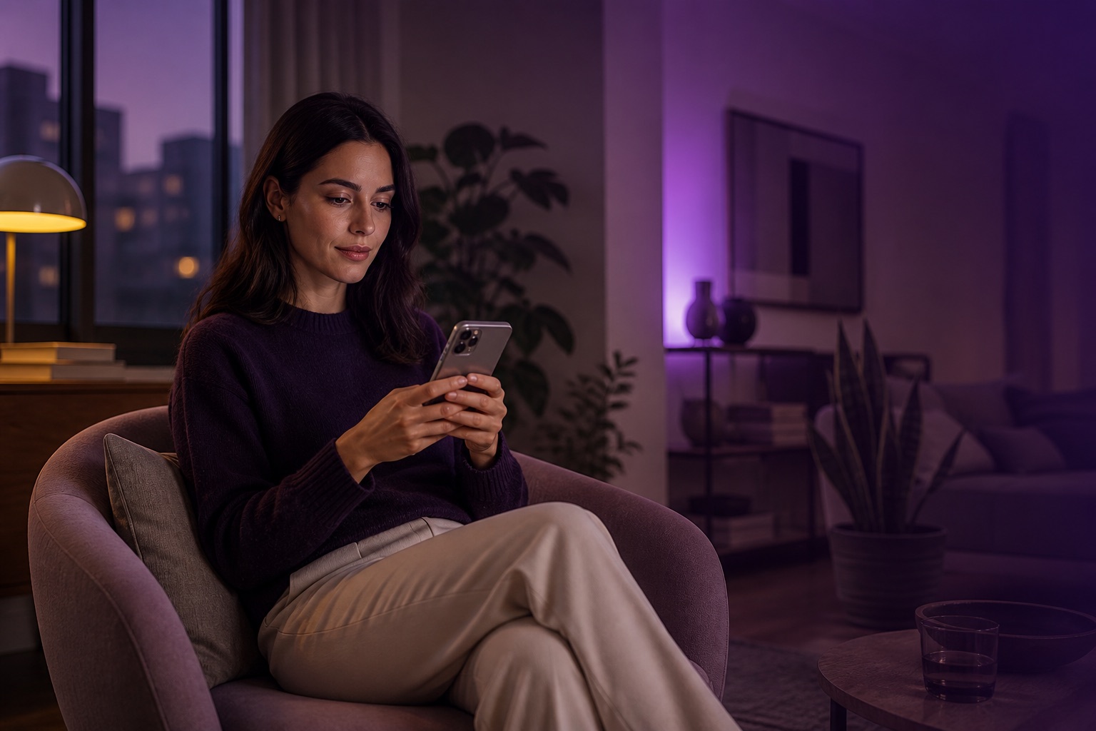 Frau prüft Einstellungen auf ihrem Smartphone